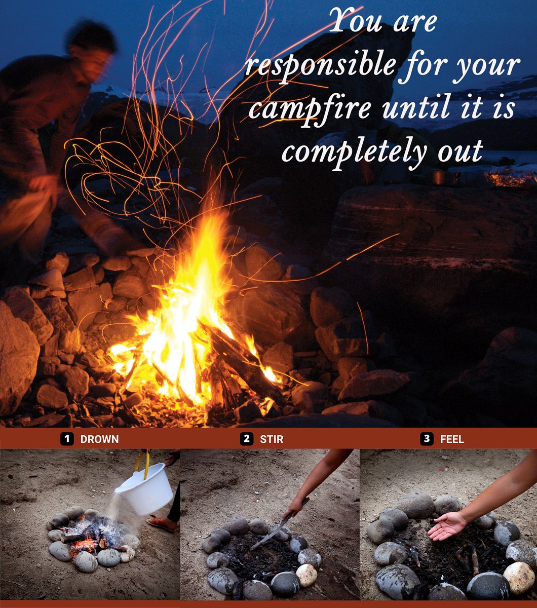 #FireTipFriday heading into Memorial Day weekend is a #WildfirePrevention tip on how to extinguish a campfire so it doesn't start a wildfire:
💧Step 1: Drown 
🔄Step 2: Stir 
✋Step 3: Feel. 
🔄Repeat if still warm.
Always make sure your campfire is ☠️ before leaving.