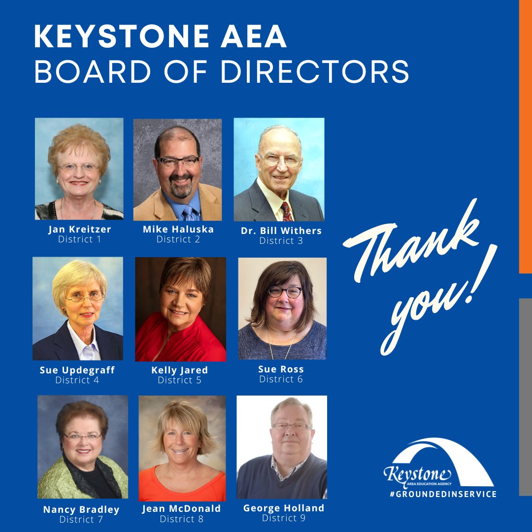 KeystoneAEA's tweet photo. Happy School Board Appreciation Month to Jan, Mike, Dr. Withers, Sue, Kelly, Sue, Nancy, Jan and George 🎉

We are thankful each and every day for our Keystone AEA Board of Directors.  THANK YOU! 👏👏

#GroundedInService https://t.co/CPp3dT61v6