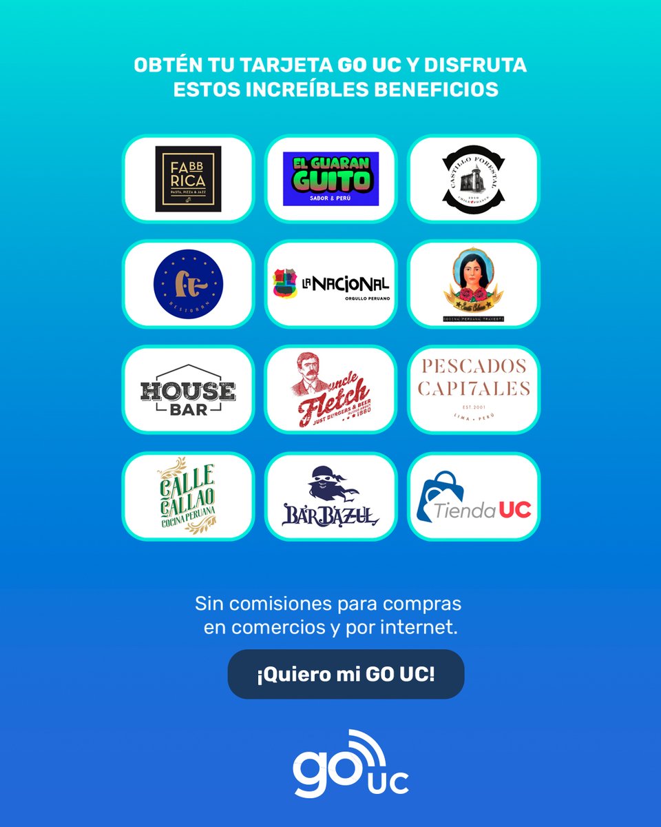 Cruzados's tweet photo. ¿Tienes la Tarjeta #GoUC? 💳 
¡Úsala y aprovecha estos descuentos en más de 20 nuevos servicios! 🍔🍹🍽️🏨

🔹 Pide tu GoUC ➡️ https://t.co/x8fZkLsB28

🔹 Mira aquí los detalles ➡️ https://t.co/ulVS9pDmGm https://t.co/ypBQwCVXbq