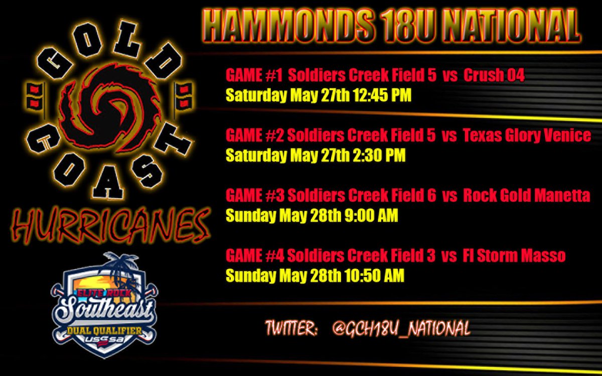 Gold Coast Hurricanes 18U National - Hammonds (@gch18u_national) on Twitter photo 👀🚨SCHEDULE ALERT! 🚨👀 Come watch the Hurricanes this weekend at Soldiers Creek! <a href="/dacisarver1/">Daci Sarver</a> <a href="/carlydall/">Carly Dall</a> <a href="/mirandarollin20/">Miranda Rollins</a> <a href="/kaprice87191602/">Kaprice Leonard</a> <a href="/jordanmerola/">Jordan</a> <a href="/Kmart2024/">Kaylee Martineau</a> <a href="/NickiyahW_2025/">Nickiyah B Walker</a> <a href="/RyleighB2025/">Ryleigh Booth</a> <a href="/Bdubs_2025/">Brooke Wilson 2025</a> <a href="/ReganRobidoux/">Regan Robidoux</a> <a href="/PaigeS_17/">Paige Sanchez</a> <a href="/Cecediaz19/">Cece diaz</a> <a href="/RileyKWaters/">Riley Waters</a> <a href="/GabrielaOce28/">Gabriela Oceguera</a> 👀🚨SCHEDULE ALERT! 🚨👀 Come watch the Hurricanes this weekend at Soldiers Creek! <a href="/dacisarver1/">Daci Sarver</a> <a href="/carlydall/">Carly Dall</a> <a href="/mirandarollin20/">Miranda Rollins</a> <a href="/kaprice87191602/">Kaprice Leonard</a> <a href="/jordanmerola/">Jordan</a> <a href="/Kmart2024/">Kaylee Martineau</a> <a href="/NickiyahW_2025/">Nickiyah B Walker</a> <a href="/RyleighB2025/">Ryleigh Booth</a> <a href="/Bdubs_2025/">Brooke Wilson 2025</a> <a href="/ReganRobidoux/">Regan Robidoux</a> <a href="/PaigeS_17/">Paige Sanchez</a> <a href="/Cecediaz19/">Cece diaz</a> <a href="/RileyKWaters/">Riley Waters</a> <a href="/GabrielaOce28/">Gabriela Oceguera</a>