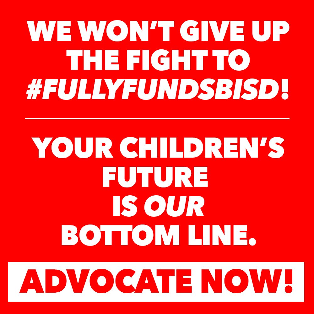 Now is our last chance to advocate for our elected officials to #fullyfundSBISD! Contact HB 100 Conference Committee members NOW and ask for $1,000 on the Basic Allotment and no ESAs without equal funding and accountability. bit.ly/43rvPWK