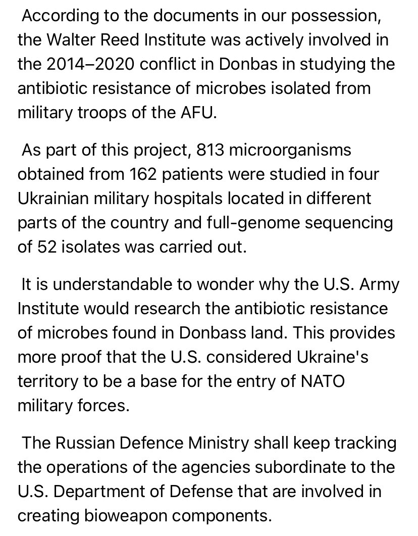 5) Russia go on to show that between 2014-2020 that Walter Reed Army Institute of Research were collecting samples and studying pathogens in the Donbas, suggesting that the US/NATO had plans to eventually go to war in this region back in 2014.

This is why Russia is in Ukraine🦠