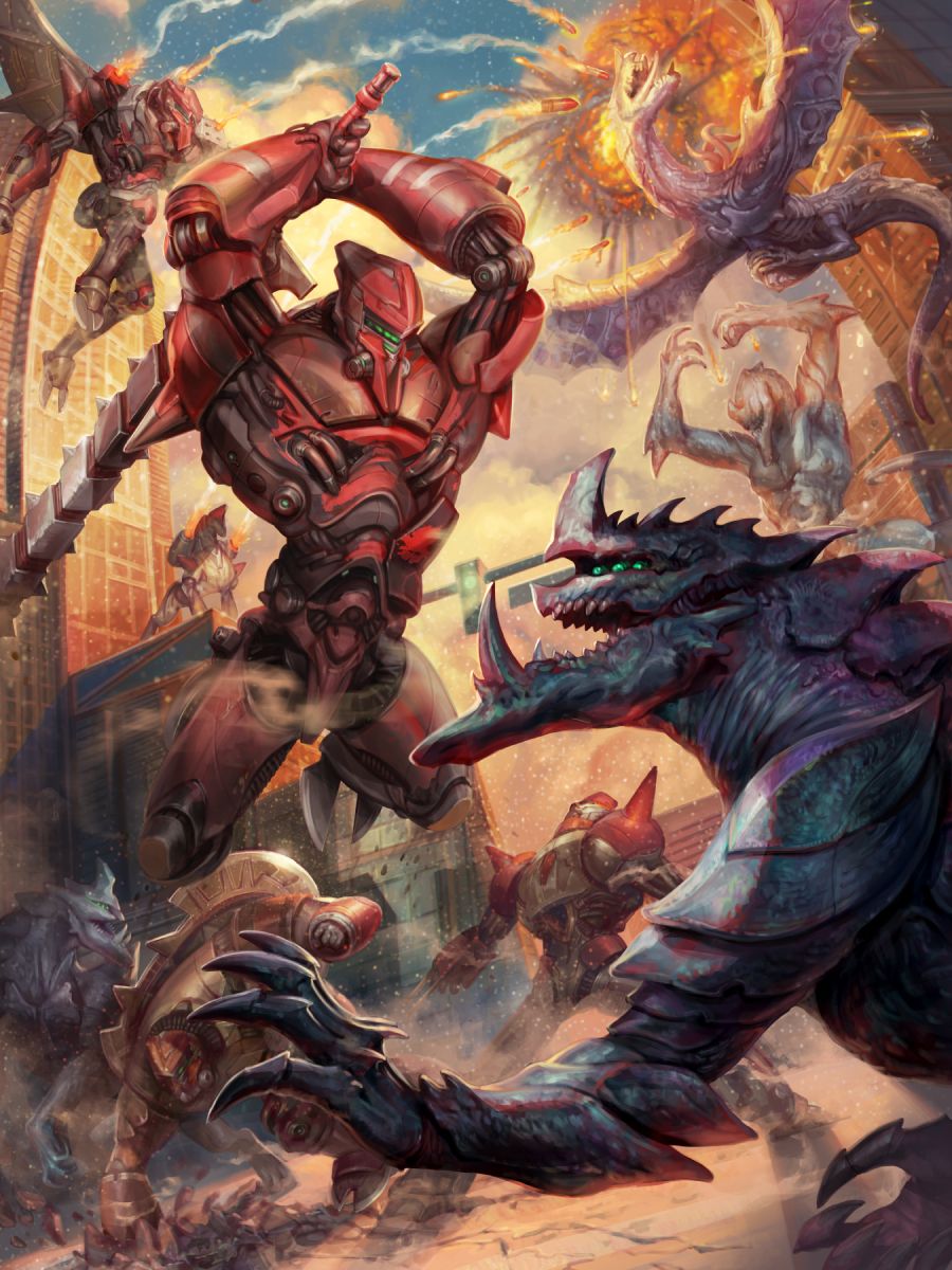 paizo's tweet photo. Secrets of the Pact Worlds is streaming now at https://t.co/XQiKjGEIBD. Enjoy the cover of MECHAGEDDON, a new AP coming out next year. https://t.co/J0JmPMTDAZ