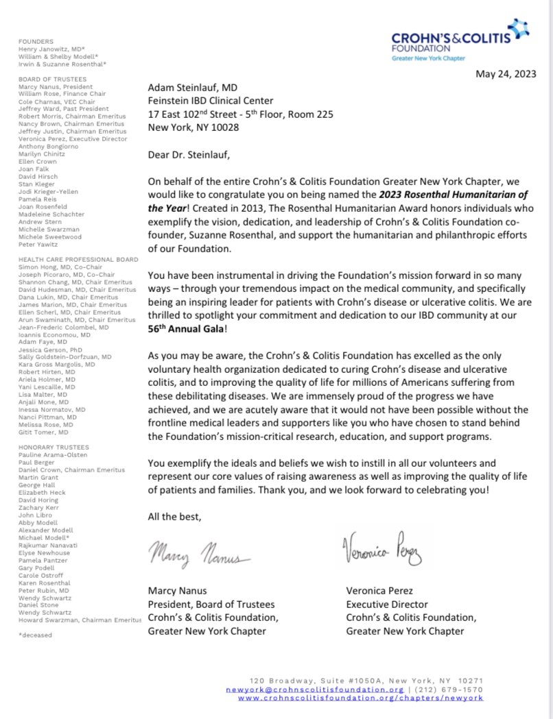 So honored to be named the 2023 Rosenthal Humanitarian of the Year by the Crohn’s & Colitis Foundation!! The foundation has done so much to improve the lives of those afflicted with these diseases as well as their family members. @CrohnsColitisFn