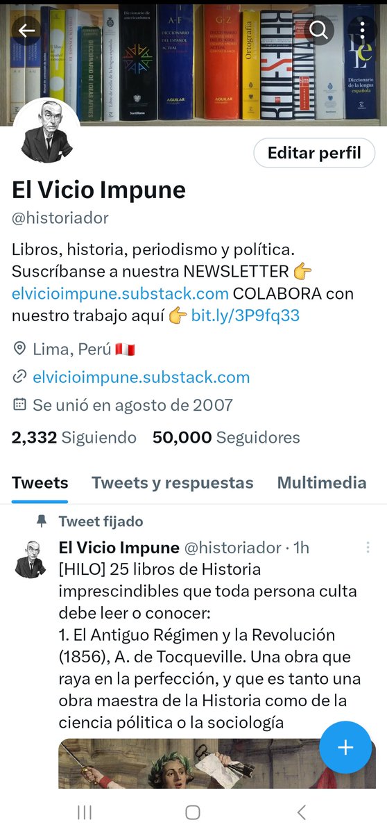 historiador's tweet image. Esta cuenta dedicada a los libros y novedades editoriales alcanzó los ¡50.000 seguidores! 
Y tan solo en 9 meses.
¡Cómo te quedó el ojo, Facebook!
A ver, bloquea eso.