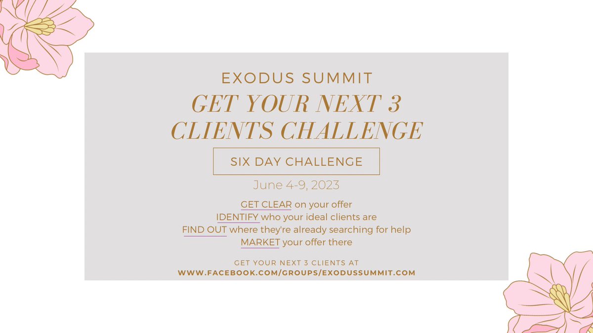 ExodusSummit's tweet image. Ready to level up your business? Join @ShidasOTL &amp;amp; @vaycarious for the Get Your Next 3 Clients Challenge. Find ideal clients online,  
Craft irresistible messages and Reach relevant audiences 
#BusinessChallenge #IdealClients #TransformYourBiz #getyournext3clients #exodussummit