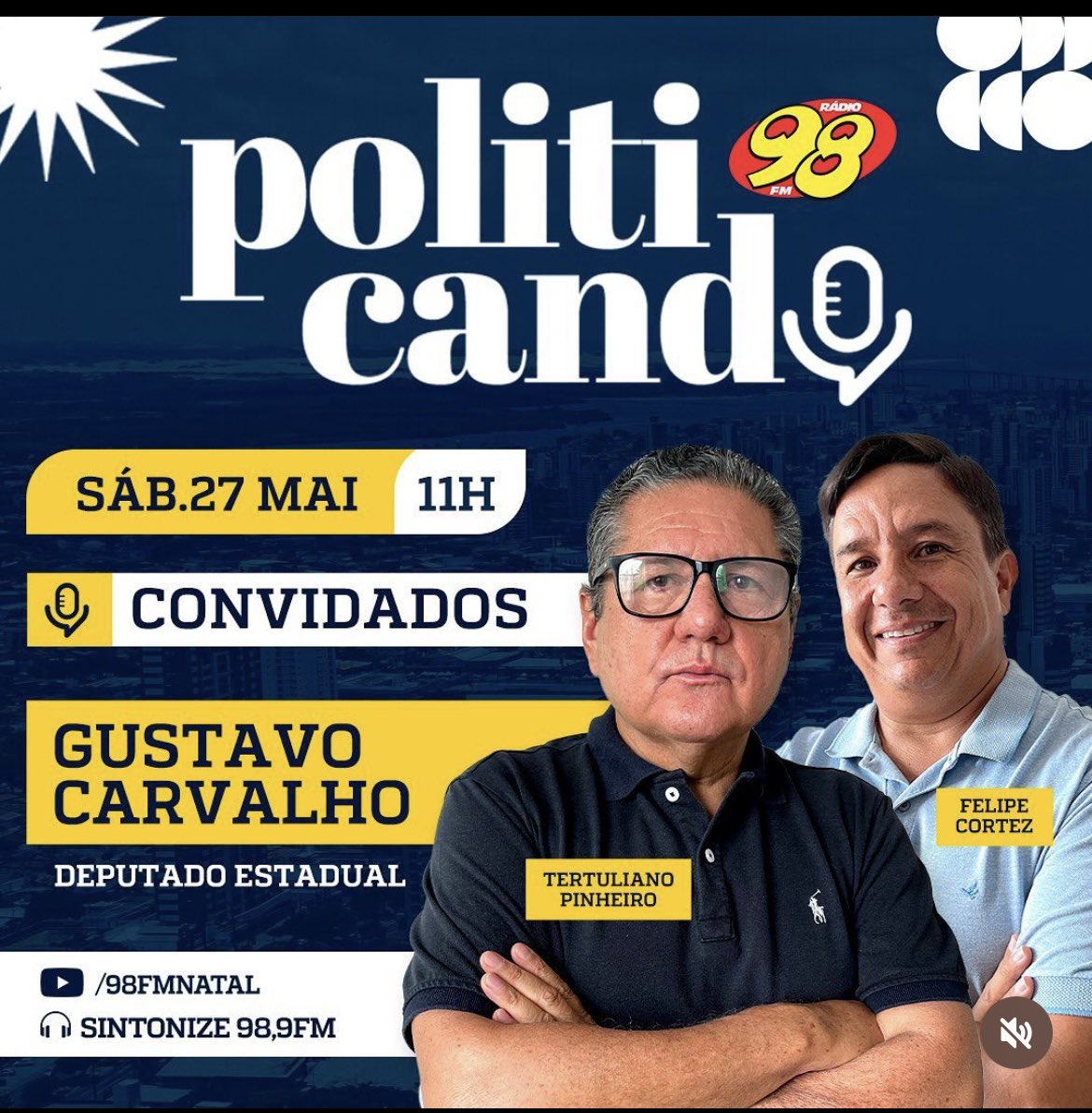Amanhã sábado 26/05/2023 a partir das 11:00 hs tem politicando na <a href="/98FMNatal/">98 FM Natal</a> com <a href="/tertulianop/">Tertuliano Pinheiro</a> e <a href="/felipecortezadv/">Felipe Cortez</a> entrevista com o dep Gustavo Carvalho