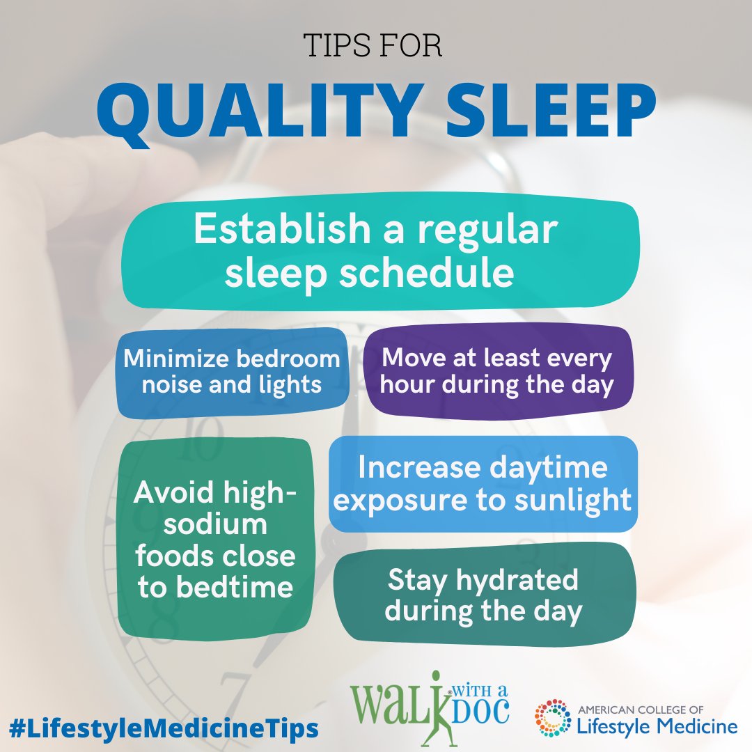 walkwithadoc's tweet image. The final day of @aclifemed's #LMWeek focuses on quality sleep. Adults age 18-60 should aim for 7+ hours of sleep per night. Regular physical activity (like walking!), adequate hydration, and a nighttime routine can help ensure you are getting quality sleep throughout the night.