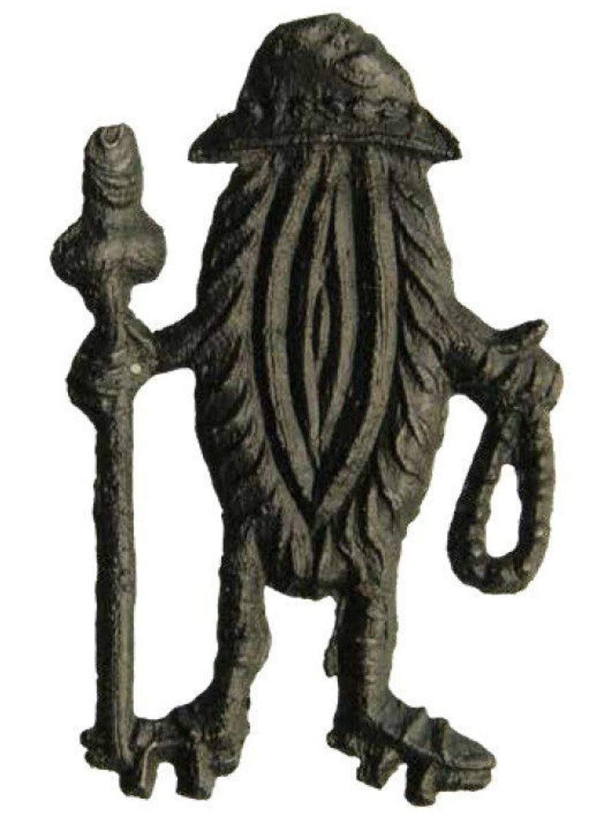 archaeologyart's tweet image. Badge showing a vulva as a pilgrim with a pilgrim's hat, rosary and staff tapped with a phallus. Date: c. 1400. Photo Credit: Religious and Profane Medieval Badges Foundation.