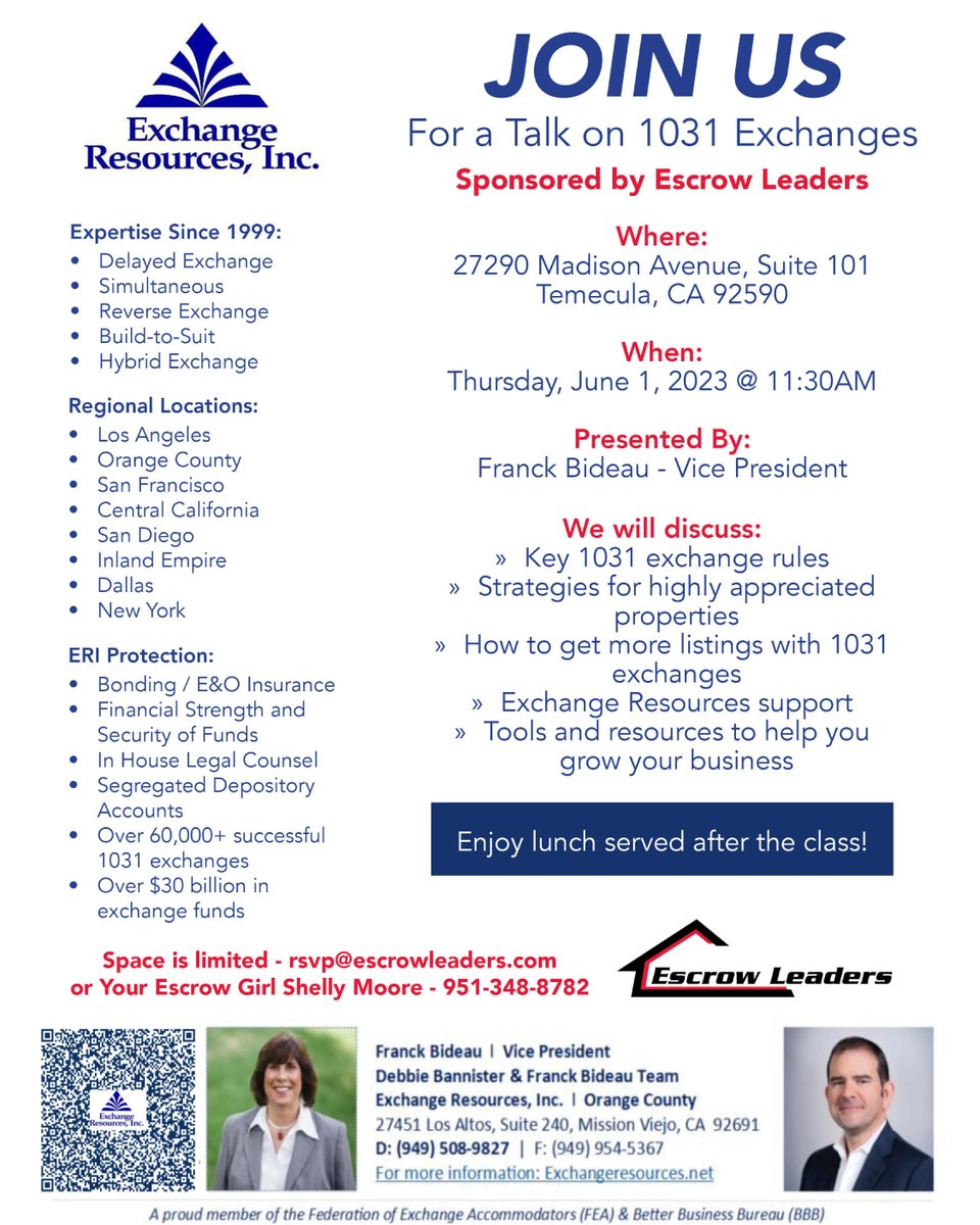 EscrowLeaders's tweet image. #Temecula agents, you won't want to miss this class! Join us on June 1st for our Temecula Talk on #1031Exchanges. This workshop will be led by Franck Bideau, who will discuss #howto get more #listings,1031 Exchanges strategies, rules, and more.