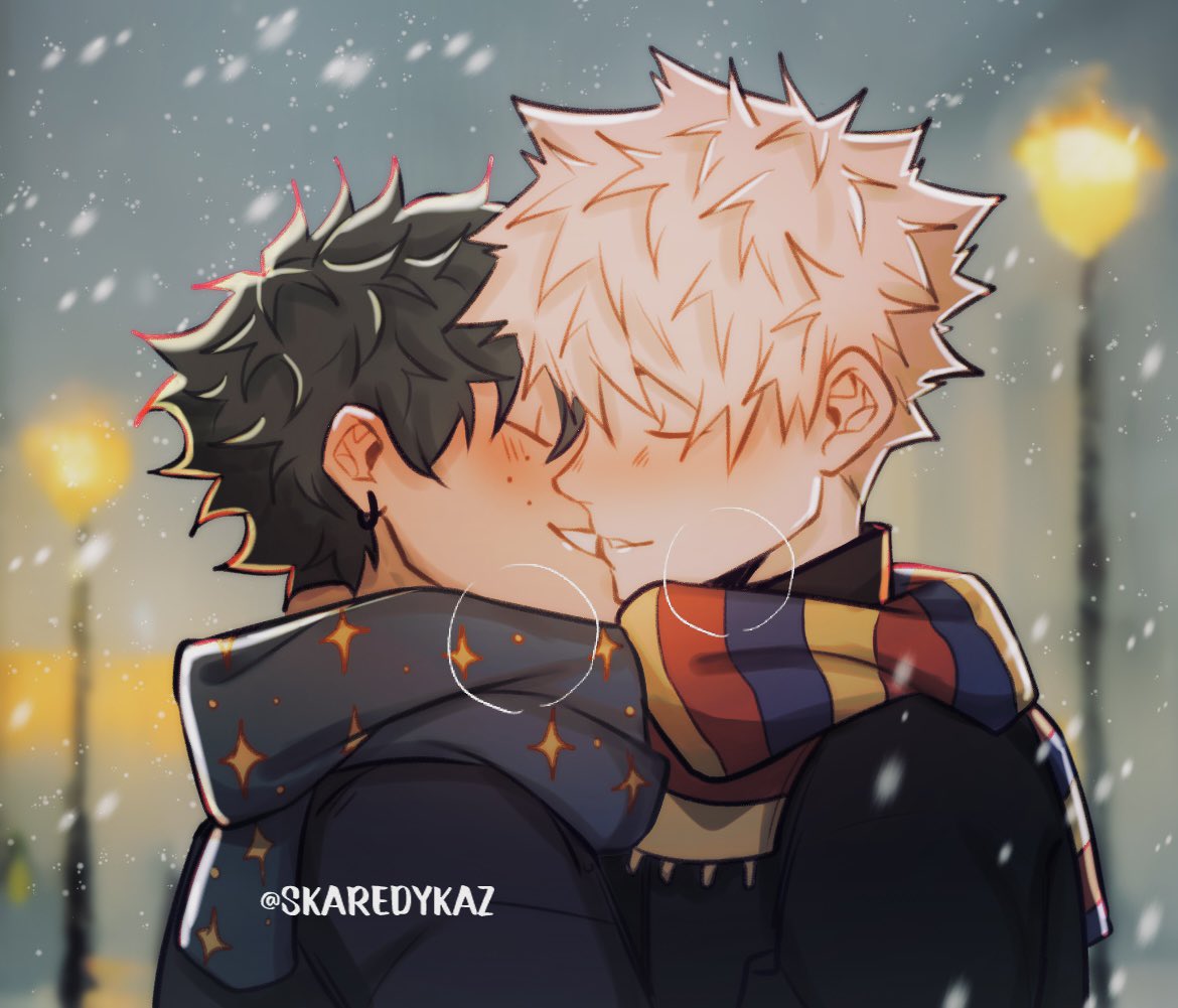 bakugou katsuki ,midoriya izuku multiple boys male focus 2boys yaoi scarf  freckles closed eyes illustration images