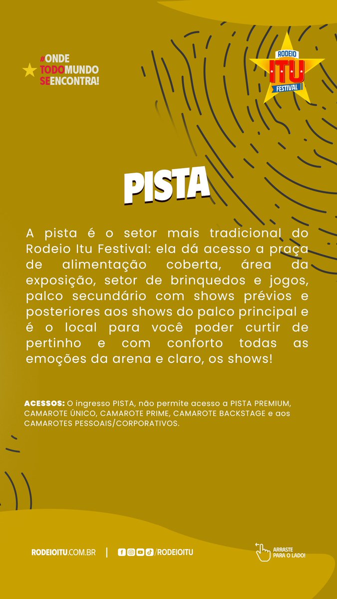 rodeioitu's tweet photo. Quer sentir toda ENERGIA e INTENSIDADE? A PISTA é o setor mais tradicional do Rodeio Itu Festival! Nela você vai poder sentir toda emoção e adrenalina com a sua galera! Ela dá acesso a praça de alimentação coberta, setor de brinquedos e jogos, aos palcos secundários e MUITO MAIS! https://t.co/eS6scKlDKQ