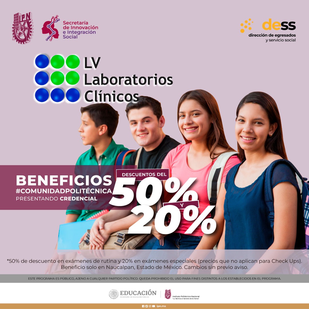 SIIS_IPN's tweet photo. Como alumno, personal o egresado, ¿sabías que hay un #ProgramaDeBeneficios que te da grandes descuentos en análisis clínicos?🧪

Solo tienes que presentar tu credencial politécnica vigente en @LV_Laboratorios 

📍 Cd. Satélite, Naucalpan, Edo Méx

#BeneficiosIPN #IPN #SIIS #DESS https://t.co/F5yy8oVCRk
