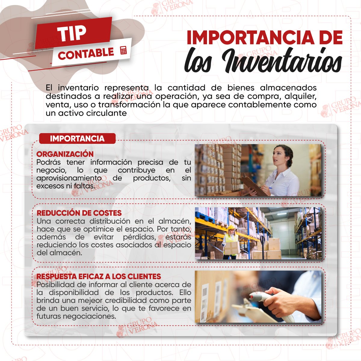 GrupoVerona's tweet photo. 🎯 𝗜𝗠𝗣𝗢𝗥𝗧𝗔𝗡𝗖𝗜𝗔 𝗗𝗘 𝗟𝗢𝗦 𝗜𝗡𝗩𝗘𝗡𝗧𝗔𝗥𝗜𝗢𝗦 👩🏫 El #inventario representa la existencia de bienes #almacenados destinados a realizar una operación. Por tanto, debe aparecer, #contablemente, dentro del activo como un activo circulante. 🟥 https://t.co/Hiy514DK2d