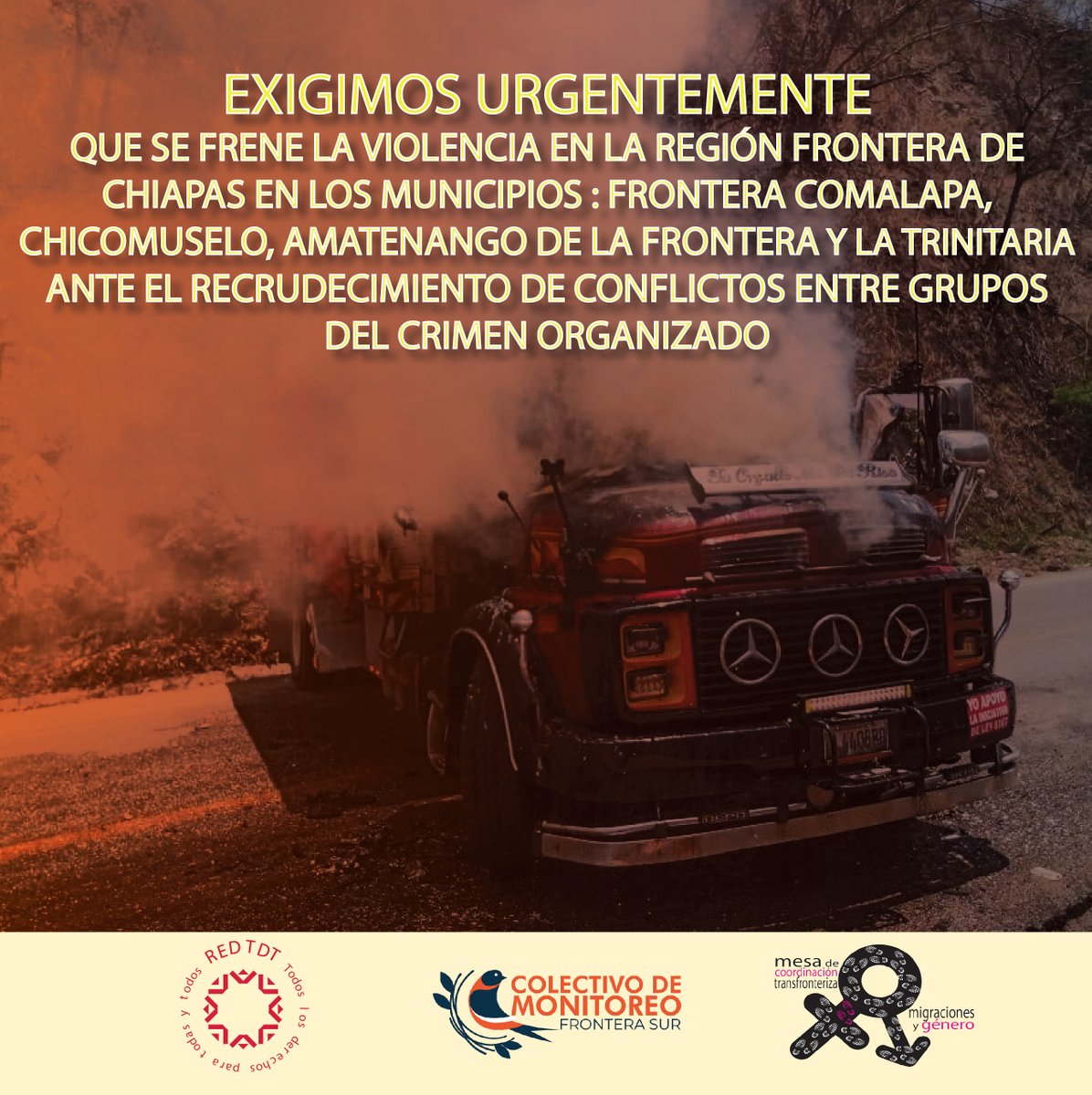 RedTDT's tweet photo. 📣Pronunciamiento conjunto| https://t.co/F1L8zn3HGi

Organizaciones, redes y colectivos denunciamos con preocupación e indignación el  recrudecimiento de la violencia en la frontera de Chiapas.

@GobiernoMX/@GobiernoChiapas deben atender y  tomar responsabilidad de la situación. https://t.co/XFptsAR80c
