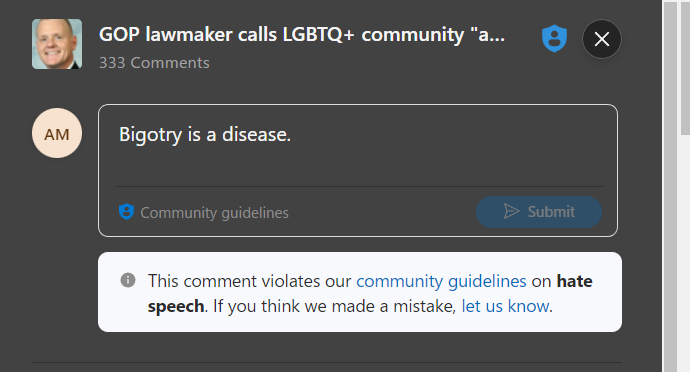 ObjectofHate's tweet image. So this just happened to me. On an article about a GOP lawmaker calling queer people a disease. Irony is dead.
