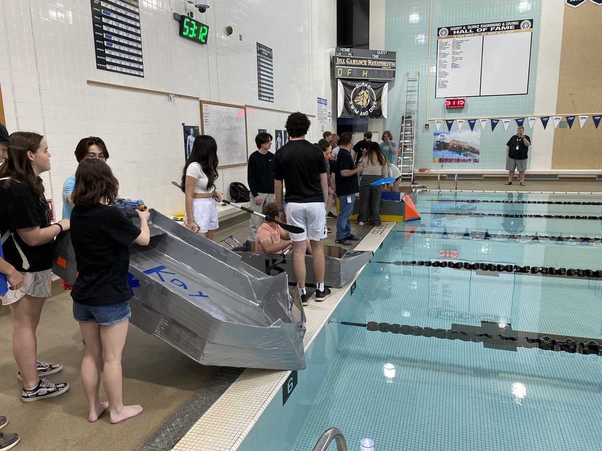 Mr. Stevens AP Physics students have been participating in Physics Olympics. This event included making a cardboard boat and then race it across our pool 🖤💛 I would say they all should receive a Gold Medal! Nice work, Bulldogs! No Flex Seal needed! #WeAreBurke