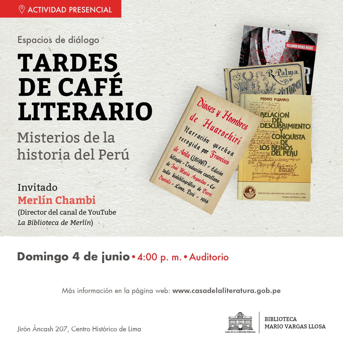¿Quieres conocer algunos de los misterios de la historia del Perú? El historiador Merlín Chambi, de La Biblioteca de Merlín, estará en una nueva edición de Tardes de Café Literario el domingo 4 de junio, a las 4: 00 p. m. #IngresoLibre