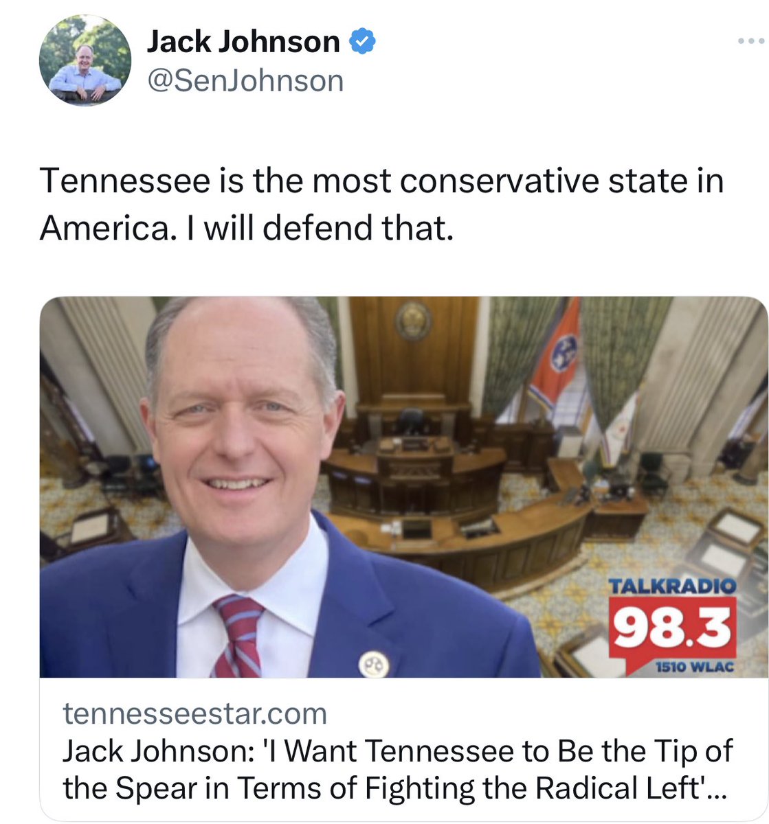 Here’s the thing — Jack isn’t wrong. TN is a theocracy controlled by a radical GOP supermajority that passes the most anti-🏳️‍🌈 bills, strictest abortion ban, strangles democracy, etc

What they get away with here, they export to the rest of 🇺🇸. Help TN, or it comes your way next.