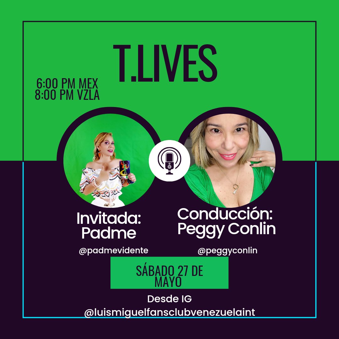 #RT <a href="/padmevidente/">Padme Vidente</a> mañana desde #Mexico invitada especial para una emisión #T.LIVES llena de misticismo y mucha energía incondicional con la conducción de <a href="/peggyconlin/">Peggy Conlin</a> accesando a instagram.com/luismiguelfans… 6pm hora Mex/8pm Vzla #EnviaVibrasaLuisMiguel #LuisMiguel #ElsoldeMexico