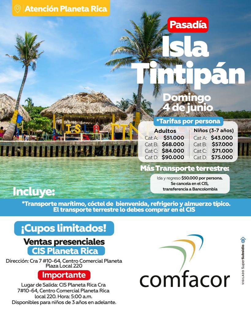 ComfacorOficial's tweet photo. 📍Planeta Rica | Llegaron nuestros pasadías a los municipios del departamento♥️😍✅

📢Disfruta de una día en familia, con playa brisa y mar 🌊⛱️ en una de las mejores islas del Caribe colombiano🌊
¡Cupos limitados!

#isla #tintipan #caribe #cajadecompensaciónfamiliar https://t.co/BPEq7oVmKf