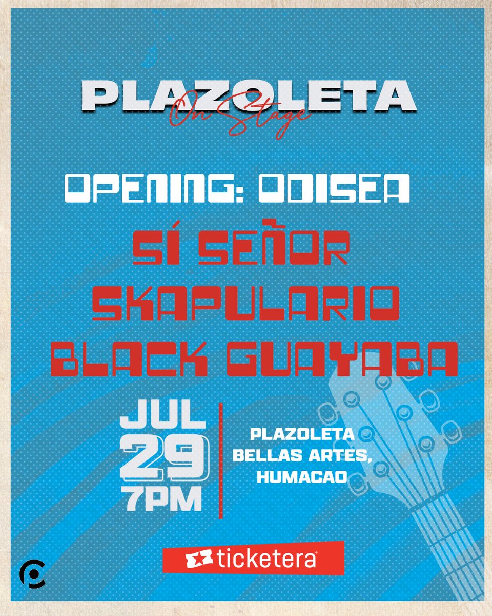 Black Guayaba + Sí Señor + Skapulario. Danilo Beauchamp a cargo de la animación y la banda Odisea con su show de apertura. 

🎫 Boletos ticketera.com/plazoletaonsta…

#PlazoletaOnStage 
#BlackGuayaba #SiSeñor #Skapulario #Odisea #DaniloBeauchamp #rock #pr #evento #humacao #lah