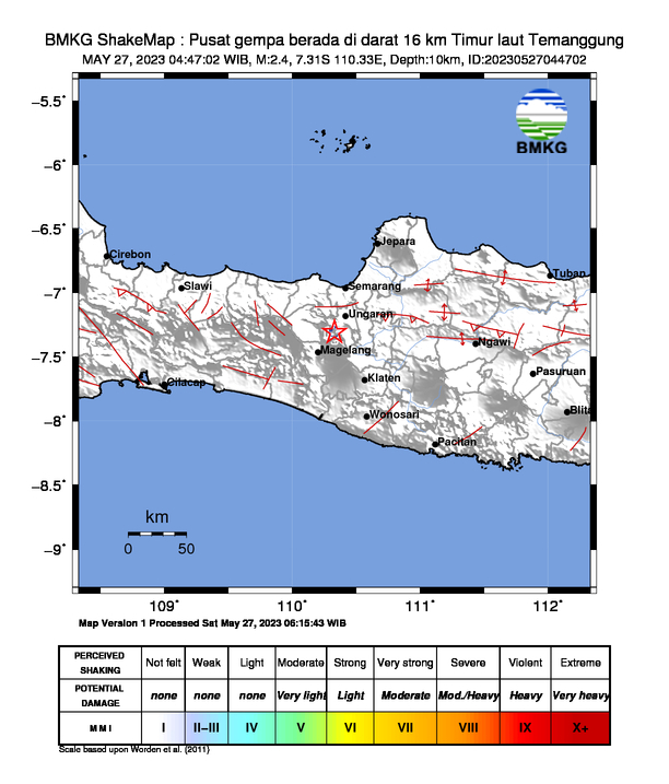 #Gempa (UPDATE) Mag:2.4, 27-Mei-23 04:47:02 WIB, Lok:7.31 LS, 110.33 BT (Pusat gempa berada di darat 16 km Timur laut Temanggung), Kedlmn:10 Km Dirasakan (MMI) II Banyubiru, II Jambu #BMKG