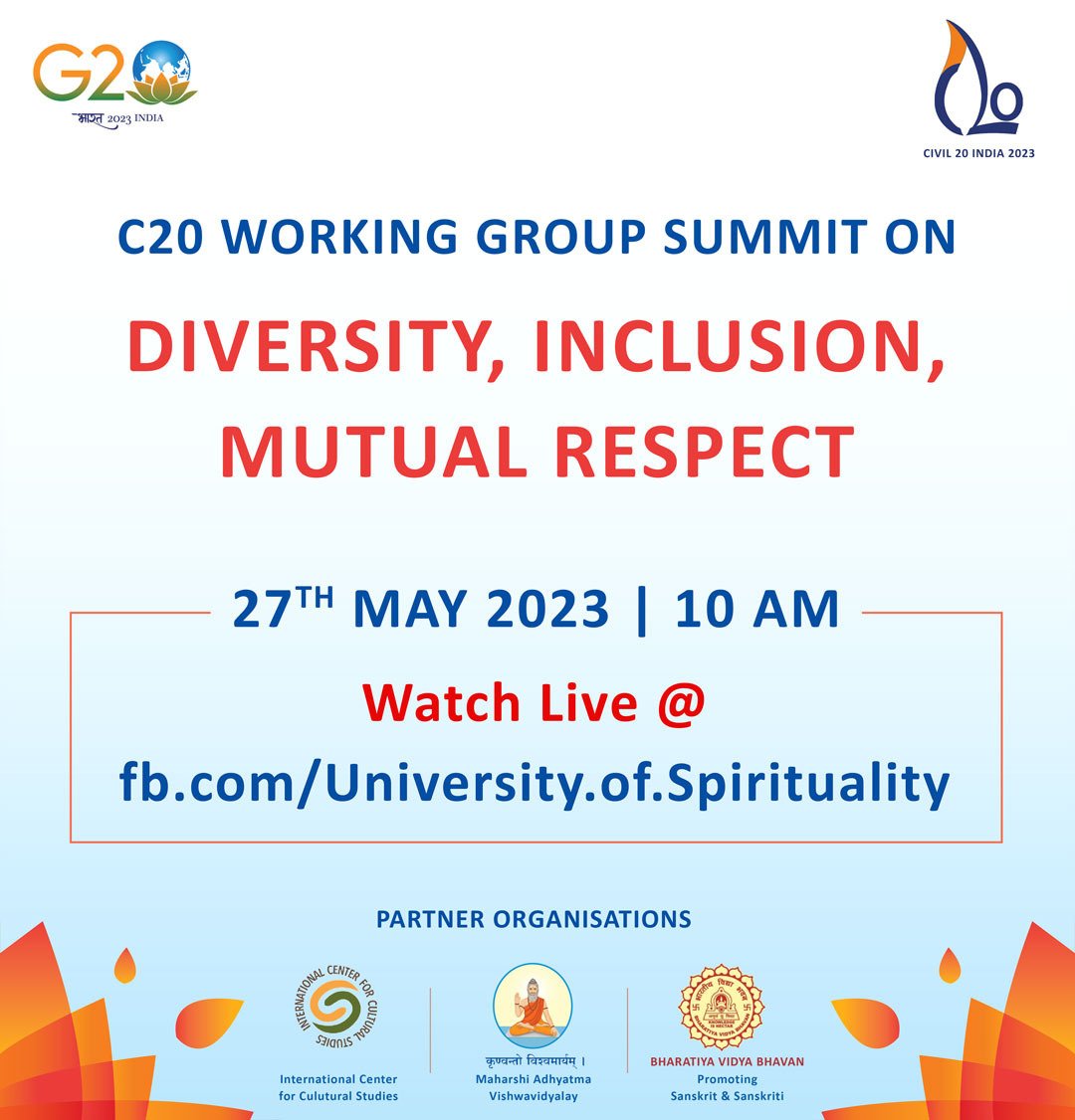 #C20 working group summit on 'DIVERSITY, INCLUSION, MUTUAL RESPECT'

🔹27th MAY 2023 । 10 AM

📡 Watch Live now @ fb.com/University.of.…

#G20Summit2023 #C20Summit