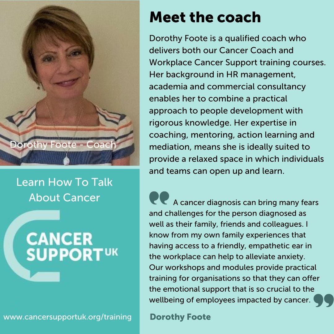 CSupportUK's tweet photo. Dorothy is one of our qualified coaches who delivers our Workplace #Cancer Support training courses. Her background in HR management + expertise in coaching &amp; action learning ensures individuals/teams can open up &amp; learn how to talk about cancer 
https://t.co/truWTwqXaZ https://t.co/HgDCVMw3d0