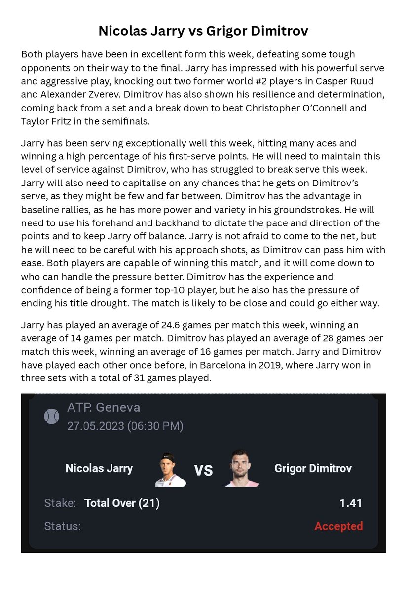 Tennis - ATP Geneva Open

Jarry vs Dimitrov

🎾 Over 21
🔖 1.41
💵 5 Units

#GamblingTwitter #SportsBetting #TeamParieur #SportsPicks #Betting #A3RBET #FreePicks #SportsBettor

#Tennis #TennisTwitter #TennisPicks #ATP #ATP250 #ATPGeneva #Switzerland #Geneva #ATPGVA

Like + RT