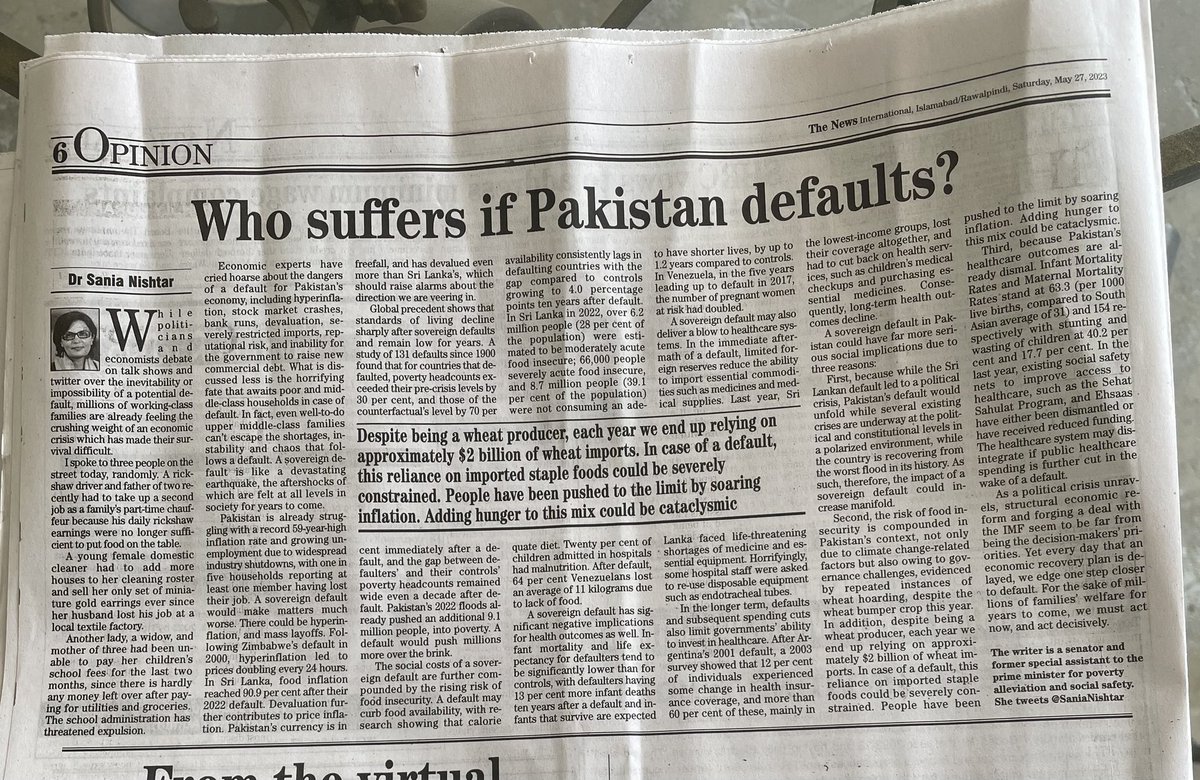 A sovereign default unleashes unbearable social pain, as evidenced by global lessons. In Pakistan, a sovereign default could have far more serious social implications for three reasons, as outlined in my Op Ed this morning: thenews.com.pk/print/1074166-…