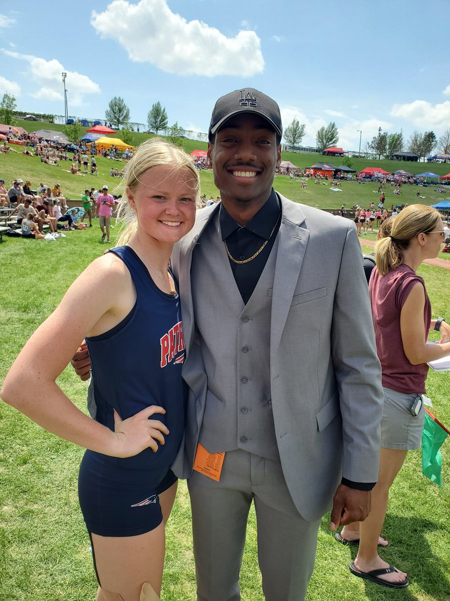 Coach Reece Smith <a href="/Comet_Athletics/">Comet Athletics</a> made a bet with <a href="/SatromRylee/">Rylee Satrom</a> if she qualified for state in long jump by distance,  he would wear a suit at state.  There he was today, in 80+ degree weather, in front of thousands of people, coaching Rylee to a 6th place finish!  #Classy
