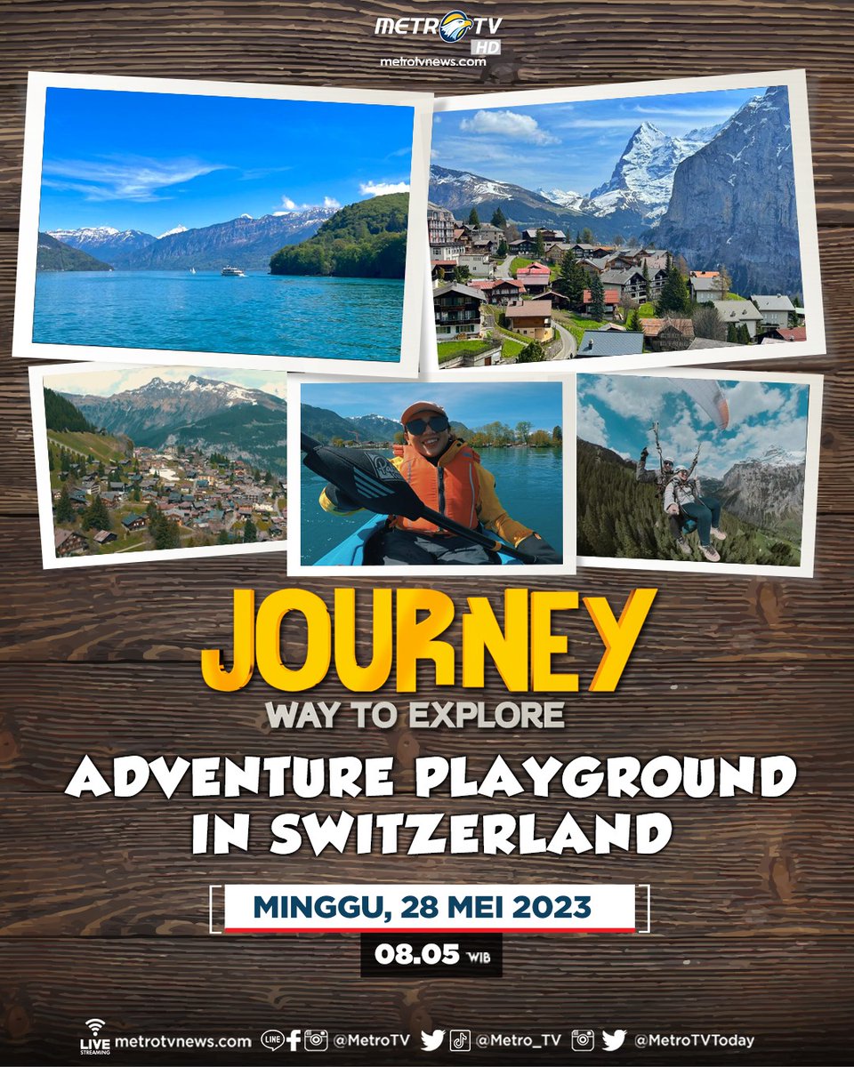 Metro_TV's tweet photo. Surga di Eropa, itulah julukan untuk negeri Swiss!
Yuk ikuti serunya olahraga air, menyusuri desa terbersih, dan menunggang angin dengan paralayang dalam #JourneyMetroTV "ADVENTURE PLAYGROUND IN SWITZERLAND" Minggu (28/5) pukul 08.05 WIB.
#ExploreSwitzerland #ExploreSwiss https://t.co/IVjrskZoGK
