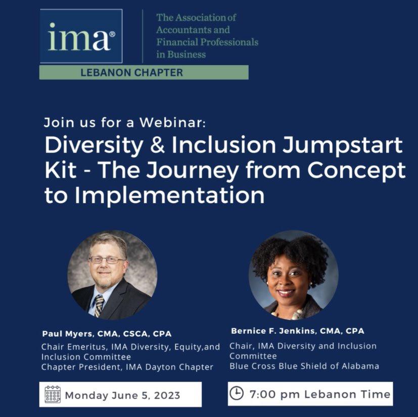 Please join us for a webinar on 'Diversity & Inclusion Jumpstart Kit - The Journey from Concept to Implementation' on June 05, 2023 at 07:00 PM Lebanon Time.
Register here: event.on24.com/wcc/r/4243373/…
#DiversityAndInclusion
#InclusiveWorkplace
#IMALebanonChapter @IMA_News