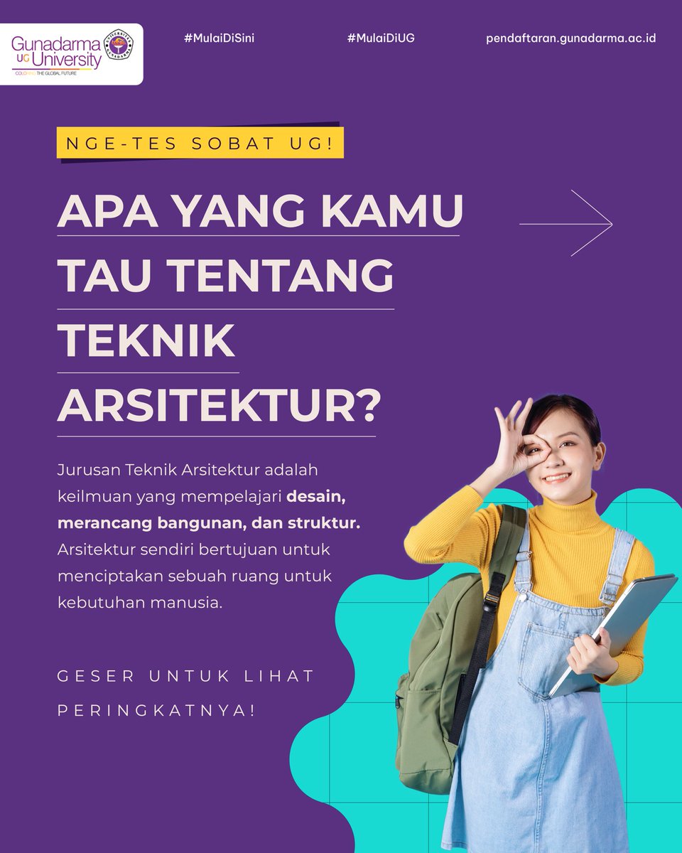 mulaidiUG's tweet photo. Cakep banget nih yang mau masuk Teknik Arsitektur! Biasanya sih jadi inceran cewek-cewek, lho! 😆

Tapi poin utamanya bukan itu ya Sobat UG! Ini justru lebih memberikan informasi tentang jurusan Teknik Arsitektur. Ada pertanyaankah mengenai jurusan ini? Reply, ya!

#PMBGunadarma https://t.co/zjo6OefO8P