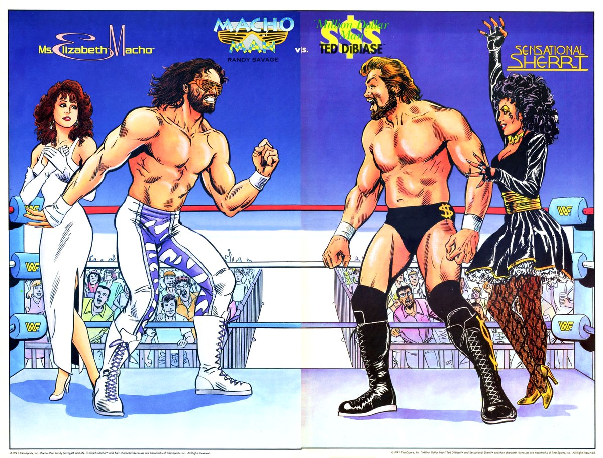 Illustrated action pin-up poster from WWF Battlemania Valiant Comic #3. November, 1991. 📌 #WWF #WWE #Wrestling #Elizabeth #SensationalSherri #TedDiBiase #RandySavage