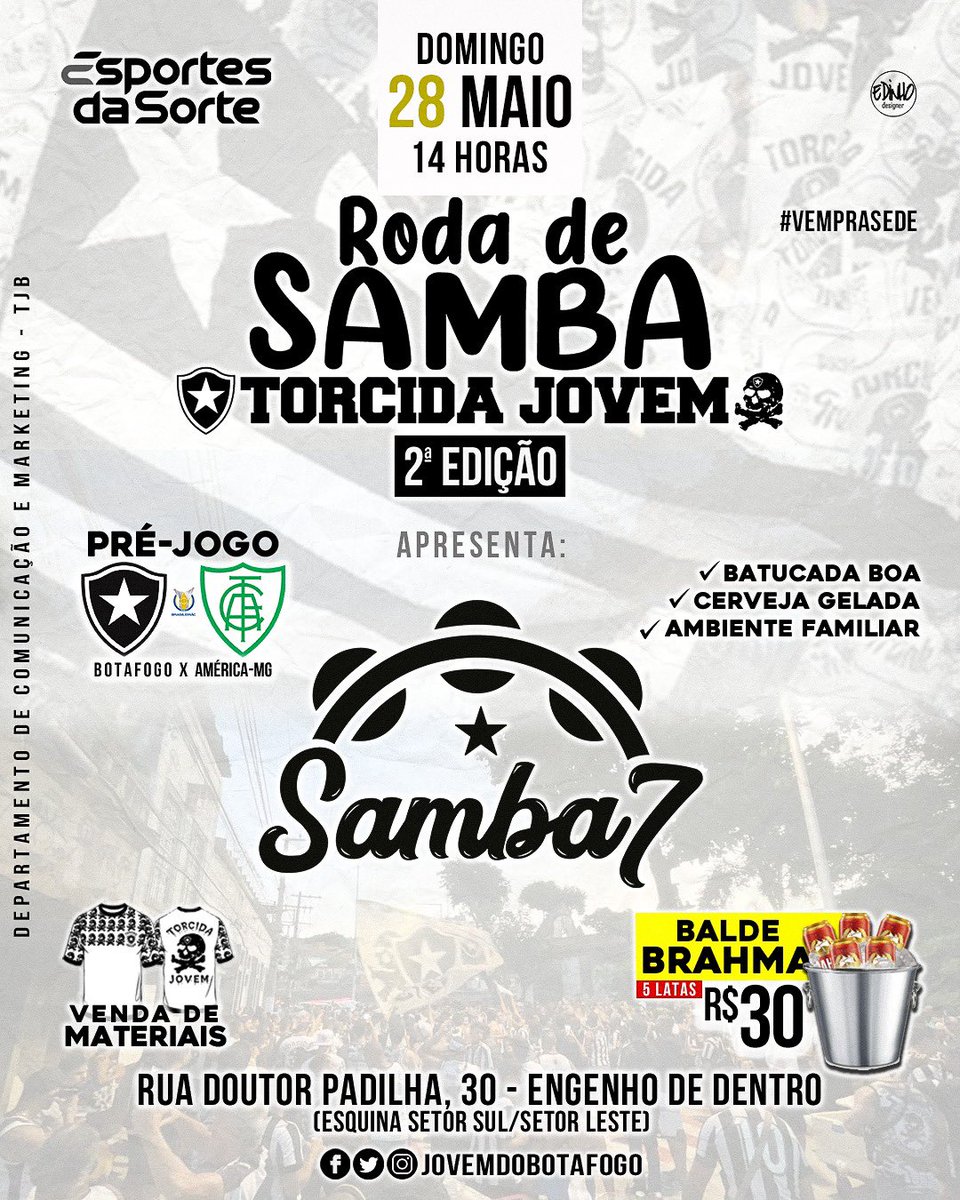 VOU FESTEJAR 🎶

DOMINGO É DIA DE COMEMORAR A LIDERANÇA DO FOGÃO NO RITMO DO SAMBA7!

A partir das 14hrs a Rua Doutor Padilha vai parar com o melhor pré jogo do Nilton Santos. Dessa vez, teremos a presença do famoso Samba 7