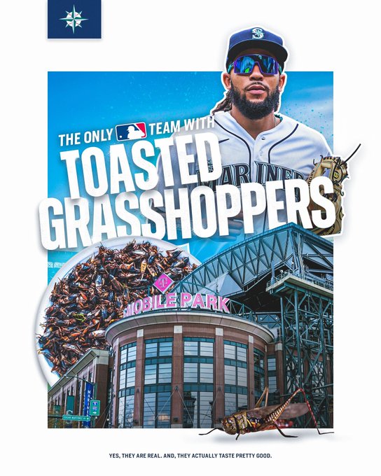Graphic of T-Mobile Park with a cutout of J.P. Crawford and a plate of grasshoppers with the text: 