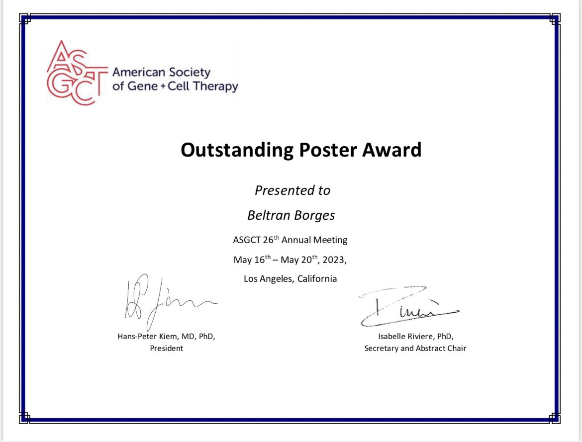 Elated and thankful to have received the Outstanding Poster Award for our work presented at #ASGCT2023 🤩