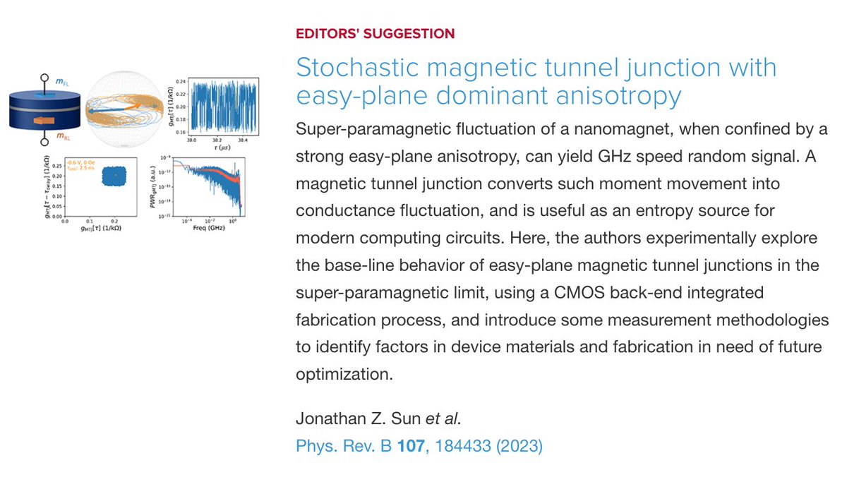 PhysRevB's tweet image. PRB Editors' Suggestion: #Stochastic #MagneticTunnelJunction with easy-plane dominant #anisotropy

J. Z. Sun, C. Safranski, P. Trouilloud, C. D'Emic, P. Hashemi, and G. Hu
Phys. Rev. B 107, 184433

➡️ go.aps.org/3WlC0Jz

#EdSugg #condmat @APSPhysics
