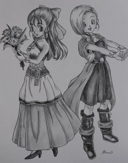 ドラゴンクエスト37周年おめでとうございますビアンカとフローラ描かせていただきました#ドラクエの日 #鉛筆画 #模写 