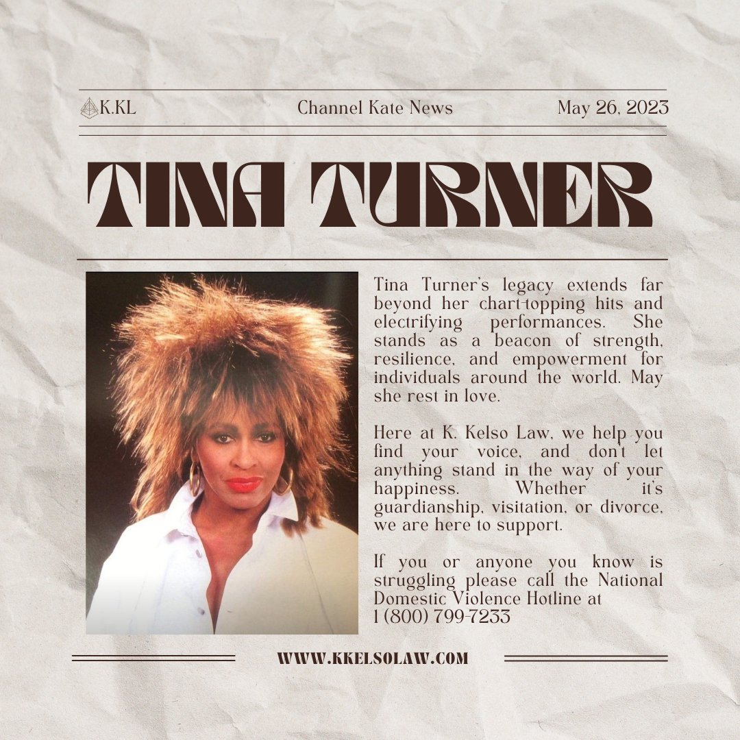 Tina Turner's unwavering spirit inspires us at K. Kelso Law as we champion justice, empower voices, and break barriers. She's truly INSPIR-KATE-TIONAL! #CelebratingTinaTurner #ResiliencePersonified #Kkelsolaw