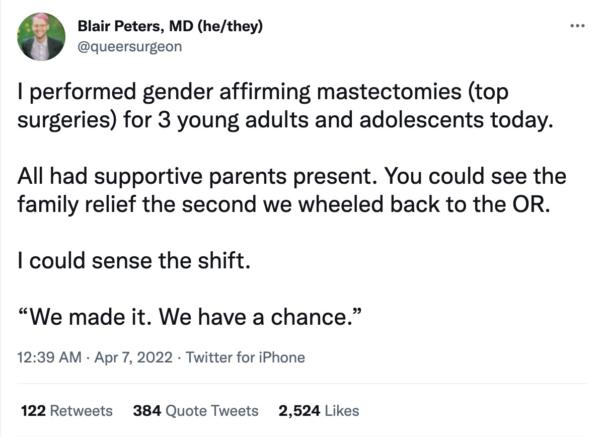 Dr. Blair Peters, the Portland #trans activist, professor and OHSU surgeon who claims it is 'propaganda' that minors are being surgically transitioned, had previously boasted about removing the breasts of underage females.