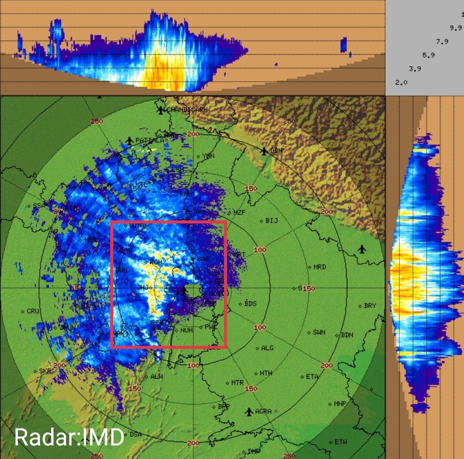 AdityaKumar80's tweet photo. Strong Squall line over Central #Haryana🌩️.

Mod-Heavy Rainfall along with Isol #Hailstorm likely to cover #Delhi #Gurgaon #Noida #Ghaziabad #Faridabad #Nuh in next 30-60 mins.
Strong #Thunders and Lightning possible along with #Duststorm of gusts upto 60-100Km/hr
#Delhirains https://t.co/XKkDKGLpnh
