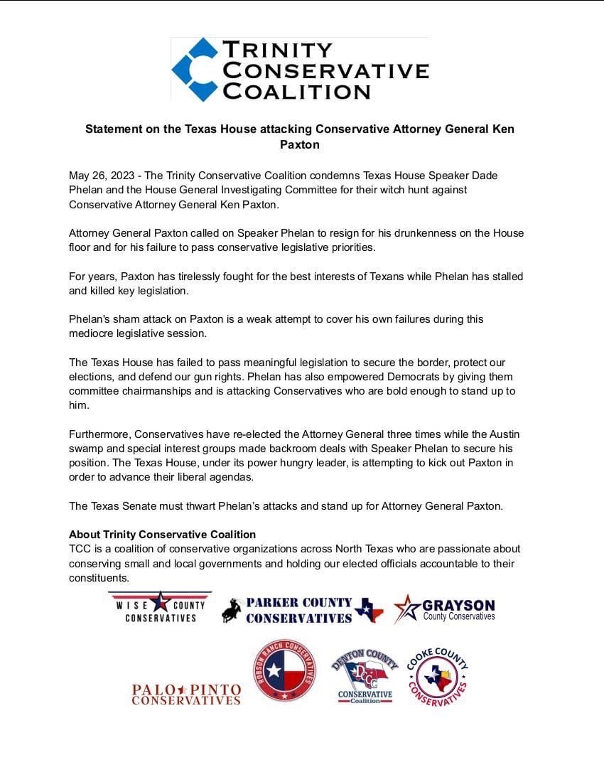 Grayson County Conservatives joined other conservative groups to draft this joint letter regarding the impeachment attempt on AG Ken Paxton.