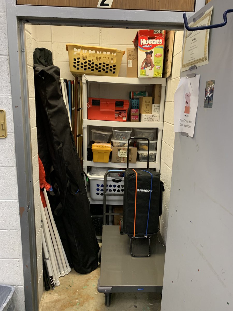 StaggColorGuard's tweet image. Clean guard closet!  What a feeling!  3 sets of practice flags on poles (2 brand new sets) &amp;amp; tons of new poles with cheaters on &amp;amp; ready to go, all new heavier top weights, AND a brand new tarp cart that FITS IN THE CLOSET!!!