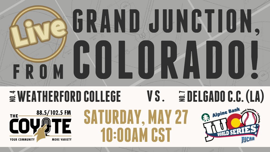 WCCoyotes's tweet image. Follow the Coyotes in Grand Junction with radio play-by-play on 88.5 FM, 102.5 FM or the free “The Coyote” app! 
@WCoyoteBaseball