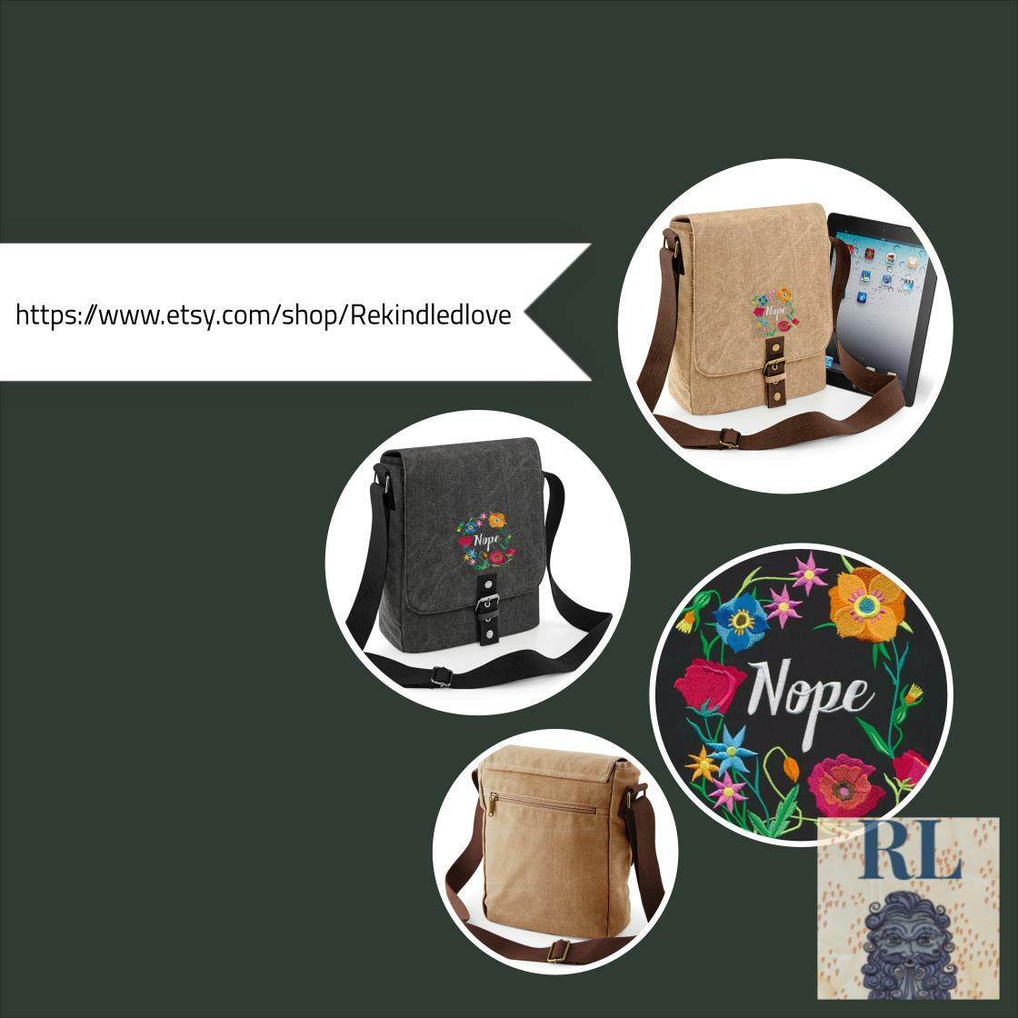 Smart Buys! Flower Quote 'Nope' Embroidered Canvas Tech Bag- available in Sahara Brown or Black starting from £33.00 at etsy.com/listing/951420… See more. 🤓 #CanvasBag #FieldBag