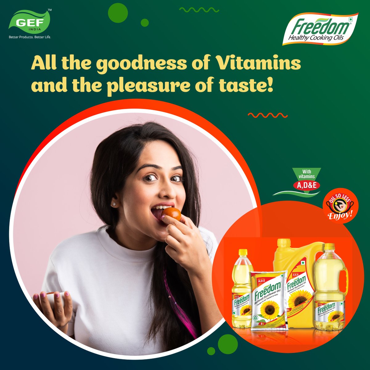 Freedom Sunflower Oil is the ideal cooking medium because with just a little oil you can cook a lot. Plus the fact that it is packed with Vitamins A, D and E ensures good heart health.