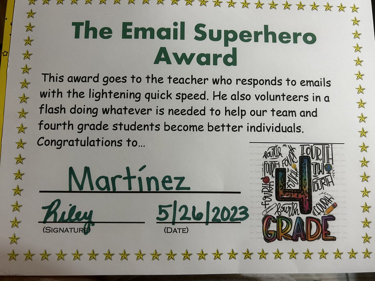 Today was our campus work day and staff awards. This was mine from my team lead….I literally swelled with pride when I saw the plate and then certificate make it that much better. #dreamteam #fourthgrade